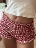 Women Summer Ruffle Shorts Casual Plaid Print Elastic Waist Short Pants for Beach Nightclub Bloomers Streetwear
