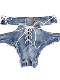 Sexy Hollow Out Women Denim Shorts Hole Bandage Night Club Pole Dance Hot Jeans Lace-Up Shorts Charming Elegant Beautiful 45ZK