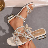 Luxury Crystal Butterfly Sandals for Women Summer Hollow Out Square Heels Sandals Woman Elegant Med Heel Party Shoes Plus Size