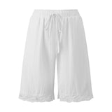 Fashion Women's Loose Shorts Drawstring Elastic Waist Lace Trim Wide Leg Mid Pants Summer Casual Lounge Out Going Shorts