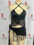 DEKA  Brazilian Silver Sequin Tassel Bikini Set Women's Halter Fringes Bra Shorts Nightclub Swimsuit Dance Stage Outfit Swimwear