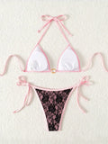 Embroidery Mesh Lace Halter Bikini Female Swimsuit Women Swimwear Two-pieces Bikini Set High Cut Bathing Suit Swim Beach Wear