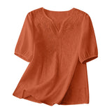 Women Summer Loose Embroidered V Neck Solid Color Short Sleeved Comfortable Button Down Shirt Top женская одежда