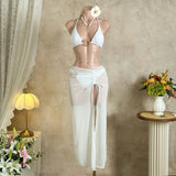 Sexy Black Mesh Long Skirt 3 Piece Bikini Set Women White Metal Ring Linked Push Up Bra Swimsuit Holiday Bathing Suits Swimwear