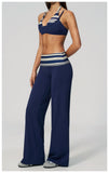 Fake Two-piece Sports Bra Yoga Sets Women Coffee Striped Patchwork Folding High Waist Wide Leg Pants Gym Running Fitness Suits