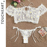 Toucheart Sexy Underwear Lace Lingerie Set For Women Off-Shoulder Small Chest Bralette+Thong Beachwear Transparent Bra Set New