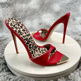 Red matte Leopard Base Slippers Pointed Toe Thin High Heels Women's Shoes Summer Casual Sexy Slip On Party One Word Belt Slipper