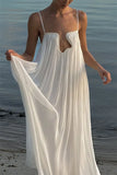 Women's White Spaghetti Strap Long Dress Fashion Solid Color Vacation Style Irregular Neck Backless Dresses Sexy Beach Vestidos
