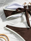 DEKA Solid BandeauU Ring Bikini High Waist Swimsuit Women Tie Side Shiny Metal Hardware Ring Bandeau Swimwear Padded Bra Top