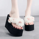2025 New Beach Flip Flops For Women Summer Wedges Shoes Bohemian Flower Slippers Girls Sexy High Heels Street Platform Sandals