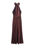 Foridol Halter Satin Dress Women Sexy Backless Burgundy summer spring Dress Elegant Maxi Long Party Dress Christmas Vestidos