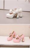 Plus Size Women's Bow Mary Janes Platform Chunky Heels Ankle Strap High Heel Pumps Sweet Lolita Party Dress Shoes