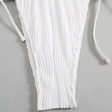 Sexy Wrinkled Swimsuit One Piece Deep V-Neck Bikini Thong Swimwear Bodysuits Women Biquini Bathing Suits Black and White 2 Color