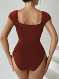 2026 Short Sleeve Swimsuit Women One Piece Solid Swimwear Female Zipper Bathers Bathing Swimming Suit Summer Beachwear Bodysuit
