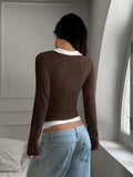 Women's Y2K Fake Two Piece Long Sleeve Cami Top, Fashion Slim Fit Sexy Streetwear T-Shirt