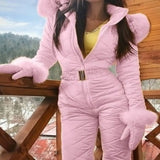 Women Winter Jumpsuit with Gloves Elastic Waist Thickened Padded Snowsuit Hooded Windproof Outdoor Ski Outfit Waterproof Jacket