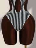 Vintage Black Striped One Piece Swimwear Women 2026 3D Metal Flower Hollow Out Backless Beach Holiday Bathing Suit Swimsuit