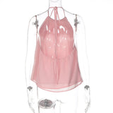 FDYOUI Women's Halter Off Shoulder Camisoles 2026 Summer Sexy Lace-up Backless Pink Tank Top Girls Loose Solid Tops Streetwear