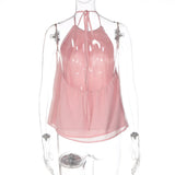 FDYOUI Women's Halter Off Shoulder Camisoles 2026 Summer Sexy Lace-up Backless Pink Tank Top Girls Loose Solid Tops Streetwear