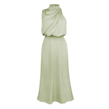 Foridol One Shoulder Turtleneck Tank Satin Women Party Dress Robe Zip Sleeveless Elegant Vintage Folds Women Clothing 2025