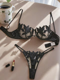 Black French-style Floral Embroidery Lace Lingerie, Sexy and Soft Steel-bra-cupped Supportive Bra,Valentine's Day Party ZA82403
