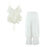 Women's Ruffled Lace Trim Loose Pants For Woman White Ruffled Embroidery Camisole Straps Button Front For Sweet Summer Look WM6E