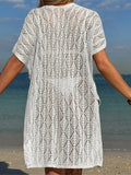 Sexy Short Sleeve Hollow Out Crochet Knitted Tunic Beach Cover Up Cover-ups Beach Dress Beach Wear Beachwear Female Women K6686