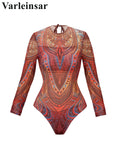 XS - XXL Printed Long Sleeve With Sarong Women Swimwear One Piece Swimsuit Female High Leg Cut Bather Bathing Suit Swim V7136