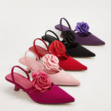 2025 Large Size 43 Summer Women's Pointy Toe Kitten Heels Slingback Pumps Elegant Satin Sandal Rose Flower Office Lady Shoes