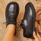 Fashion Woven Low Heel Pu Leather Shoes Women British Style Round Toe Lace Up Oxford Shoes Woman Plus Size 42 Breathable Flats