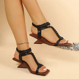 Vintage Square Toe Braided T-Strap Sandals Women Big Size 42 Sculptural Wedge Heel Ankle Wrap Summer Fashion Dress Sandals Shoes