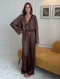 Women Silk Satin Pajama Set Deep V Neck Long Sleeve Lace Trim Tie Front Top Pants Soft Loungewear Elegant Home Sleepwear Night
