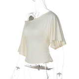 FDYOUI Sexy Short Sleeve Lace-up T-shirts Women 2026 Summer Diagonal Collar Corset Tops Streetwear Y2K Female Bandage T Shirt