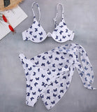 Butterfly Print Underwired V-Bar Bikini Women Swimsuit Female Swimwear Three-pieces Bikini Set Push Up Bathing Suit Beach Sarong
