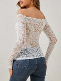European and American elegant scalloped neckline, off-the-shoulder lace slim fit T-shirt long-sleeved top