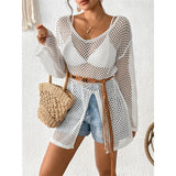 V Neck Long Sleeve Hollow Out Crochet Knitted Tunic Beach Dress Beach Wear Beachwear Beach Cover Up Cover-upsFemale Women V6335