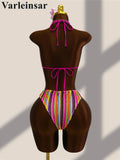 Striped Colorful Halter Cut Out One Piece Swimsuit Women Swimwear Female Monokini High Leg Cut Bather Bathing Suit Swim V8304