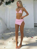 FDYOUI Women's Polka Dot Print Pink Swimsuit Lace-up Bras Panties Split Skirts 3 Pieces Bikinis Sets Bathing Suit Beach Swimwear
