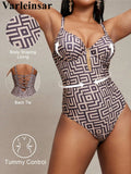 S - XL Printed Underwired V Neck Women Swimwear One Piece Swimsuit Female Lace Up High Leg Cut Bather Bathing Suit Swim V7552