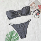 DEKA Women Solid Bandeau Bikini Set Two Pieces Swimsuits Halter Backless Female Beach Bathing Swimming Suits Thong Biquini