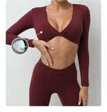 Long Sleeve Gym Crop Tops for Women Twist Deep V Workout Quick Dry Padded Sports Fitness Yoga T-Shirt