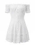 Women Summer White Dress Trim Off Shoulder Short Sleeve Button-up A-line Mini Dresses for Daily Office Party