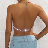 Vest Pink Rhinestone Crystal Chain Halter Crop Top For Women Sparkly Mesh Bralette With Star Tassel Fringe Sexy Party Clubwear