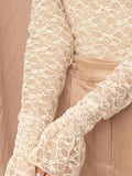 Women's Spring Summer Solid Color Slim Lace Mesh Tops Flare Long Sleeve High Neck Sheer T-Shirt for Party, Daily