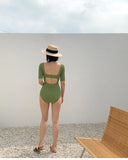 New Korea Sexy Mesh Cut Hollow Out High Waist Swimsuit Lady Monokini One Piece Swimwear Women Swim Bath Suit