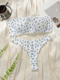 Sexy strapless floral print set seaside vacation style bra set no steel ring party underwear whtie Lingerie MR3496