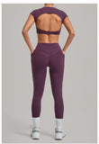 Yoga Set Women's Tracksuit Short Sleeve Back Hollow Out Sports Top Athletic Wear Tight High Waist Pocket Leggings Fitness Suits