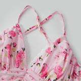 Women's Summer Floral Print Bohemian Long Dress Stylish Lace Patchwork Ruffled Trim Spaghetti Strap V Neck A-Line Dress