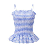 Summer Women Smocked Tank Tops Spaghetti Strap Plaid Ruffle Camisole Fashion Sleeveless Vest Shirts Streetwear