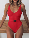 V Neck Ribbed High Leg Cut Women Swimwear One Piece Swimsuit Female Backless Monokini Bather Waist Belt Bathing Suit Swimwear